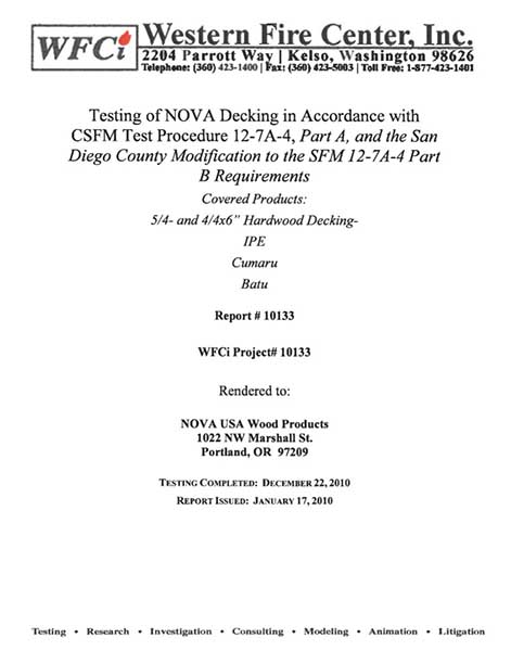 Fire ratings for Nova Hardwoods based on 12-7A-4 part A and B